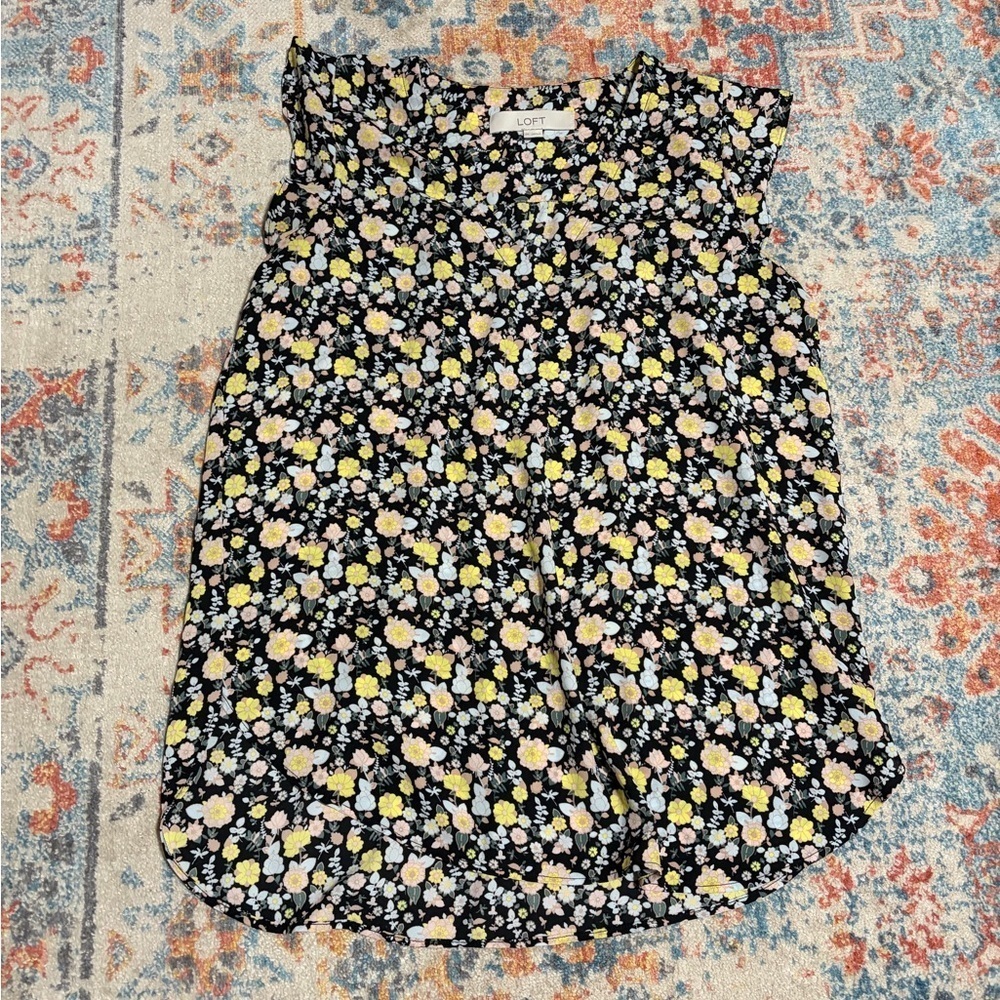 Loft floral print V-neck sleeveless ruffle detail top